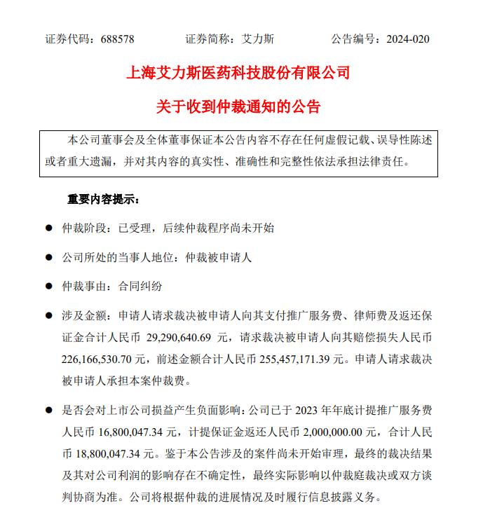 艾力斯被“复星系”提起仲裁事关其唯一上市药品