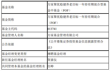 万家聚优稳健养老目标一年混合fof增聘贺嘉仪